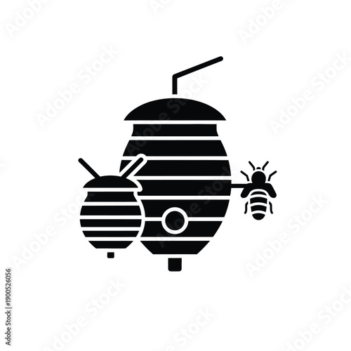 Beehive and bee icon with honeycomb pattern isolated on white background, vector illustration representing apiculture and nature.