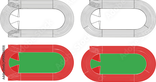 Athletics Running Track Illustration, Oval Stadium Lanes with Field Area, Sports Facility Layout, Competition Track Design, Detailed Vector Diagram