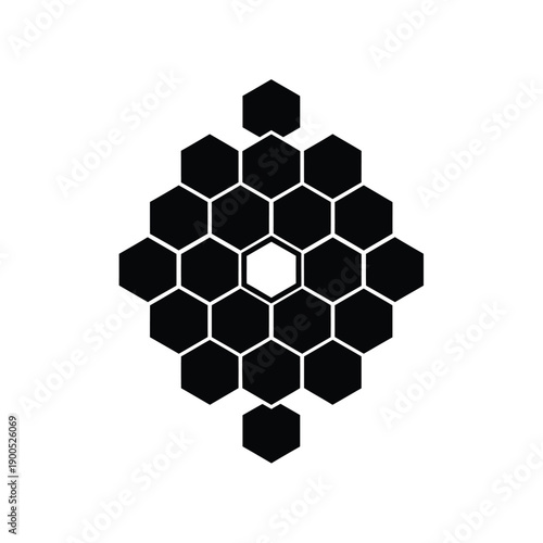 Honeycomb pattern with one central hexagonal cell highlighted in white, abstract geometric design with black outlines, representing structure.