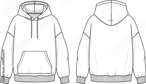 Technical fashion illustration of unisex hooded sweatshirt with kangaroo pocket, drawstring hood, ribbed cuffs and hem, front back views