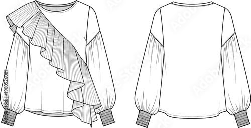 Technical fashion illustration of women’s asymmetrical ruffle blouse with diagonal pleated panel, long puff sleeves, front and back views