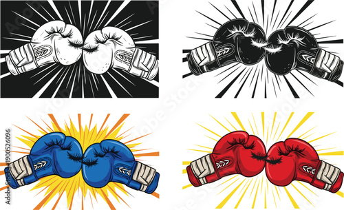 Boxing gloves collision illustration set with black white and colorful variants, powerful punch concept for sports competition and fight energy