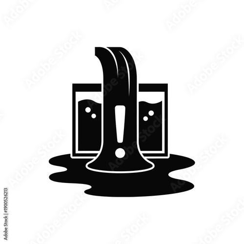 Aquarium leak warning sign showing water flooding from glass tank with exclamation mark alert symbol for emergency spill response and maintenance failure prevention in fish room