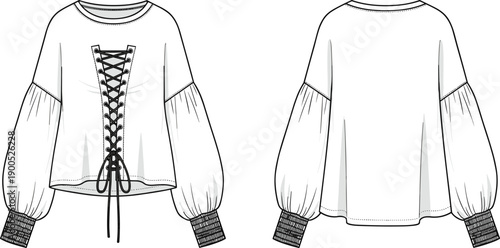 Technical fashion illustration of women’s lace up blouse with long puff sleeves, smocked cuffs, casual boho top, flat views design