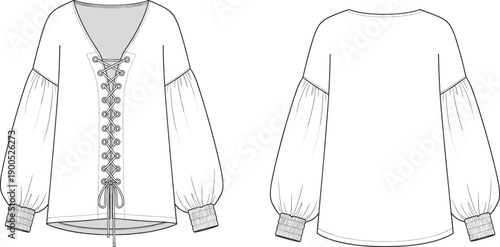 Technical fashion illustration of women’s lace up blouse with V neck, long puff sleeves, smocked cuffs, flat sketch views