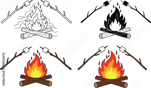 Campfire with marshmallows illustration set, line art and colored versions showing outdoor camping, roasting sweets, bonfire warmth, and cozy adventure concept