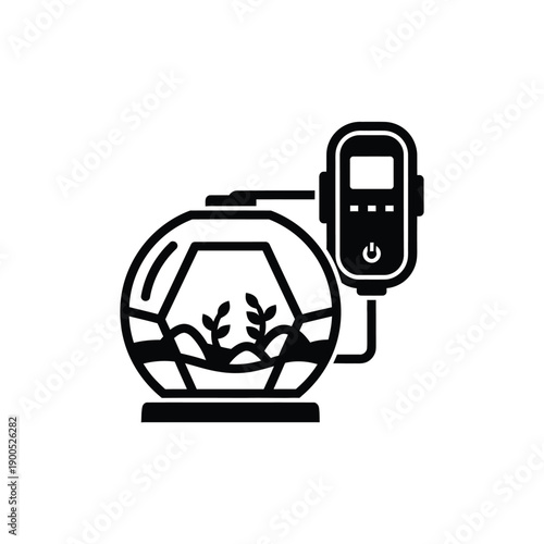 Smart terrarium system with digital control unit and sensor for automated plant maintenance in spherical glass enclosure showing growth and soil layers for modern home gardening