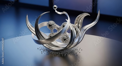 Abstract sculptural form merges polished metallic ribbons with a complex porous core structure