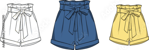 Technical fashion illustration of women’s high waist paperbag shorts with tie belt, cuffed hem, casual summer shorts set