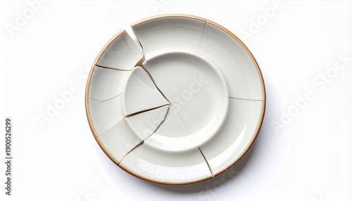 A broken plate, its white ceramic pieces carefully arranged on another dish, symbolizes fragility, damage, and the concept of irreparable loss