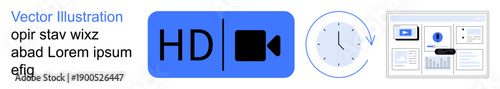 Video production, time management, content scheduling, media planning, online platforms, interface design. Blue HD video icon, clock user interface. Video production and time management concepts