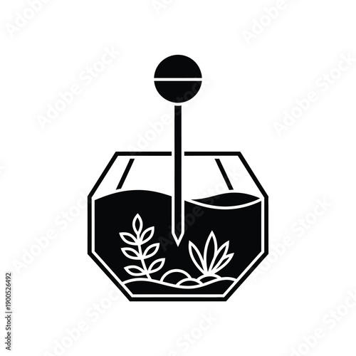 Black silhouette of an aquarium with aquatic plants and a lollipop-shaped object, symbolizing underwater life and vibrant nature in a contained environment