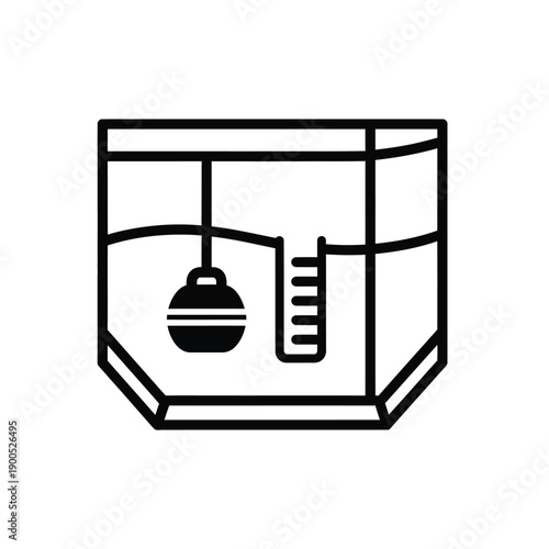 Outline illustration of an aquarium with a hanging ornament and a thermometer, representing aquatic life and home care, perfect for educational and pet-related content