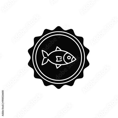 Fish seal vector flat illustration, a circular emblem featuring a detailed fish outline, symbolizing quality and freshness for seafood products