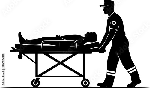 Paramedic transporting injured person on stretcher silhouette emergency medical services vector
