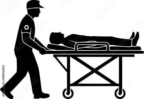 Paramedic transporting injured person on stretcher silhouette emergency medical services vector
