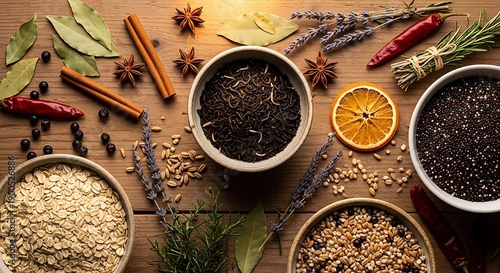 Assorted Grains and Spices on Wooden Surface