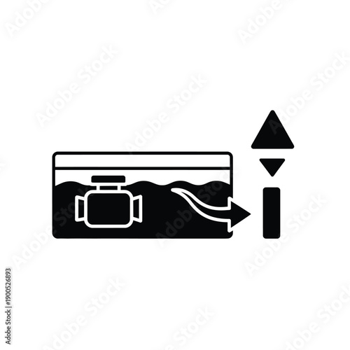 Liquid level monitoring icon with floating sensor and tank display for industrial measurement applications showing elevation adjustments and reservoir volume tracking technology
