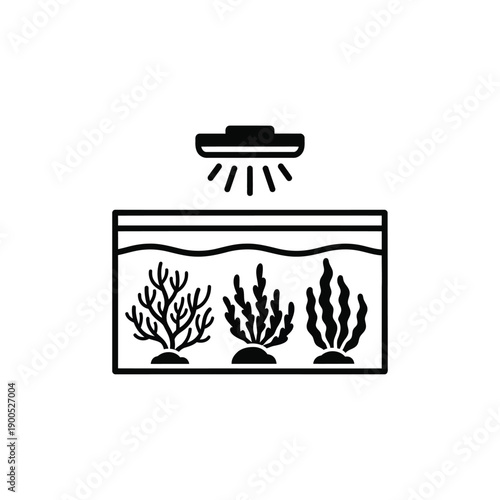 Aquarium tank with aquatic plants and lighting system icon for professional fish keeping supplies underwater flora maintenance equipment silhouette black and white vector graphic