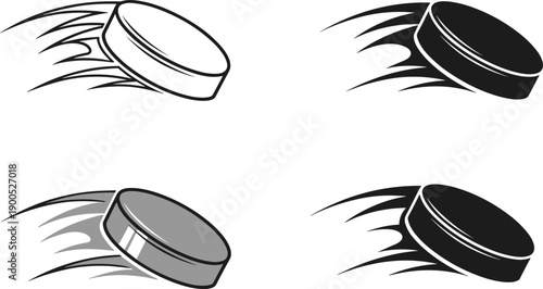 Hockey puck motion illustration set with speed lines, line art, silhouette, and shaded styles showing fast movement, action, and ice hockey sports concept
