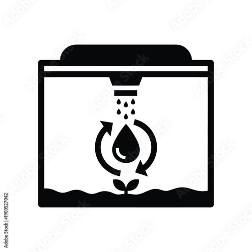 Aquaponics system for plant and fish growth showing water recycling with drop and arrows greenhouse hydroponic farming solution solid black icon