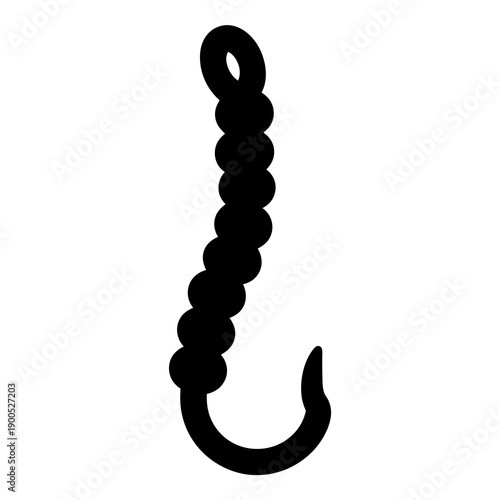 Stylized beaded fishing hook in bold black silhouette on white background