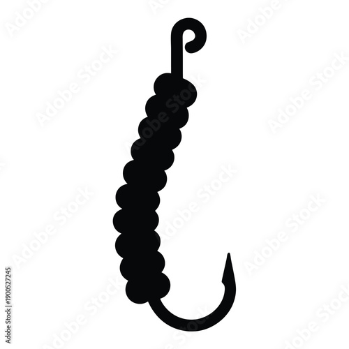 Fishing hook adorned with beads, depicted in a bold silhouette style