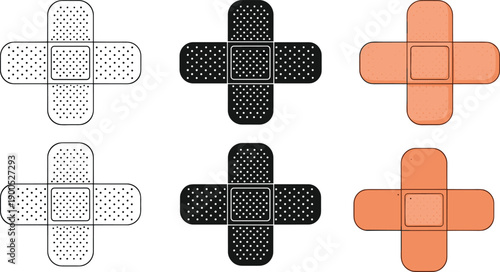 Medical adhesive bandage illustration set showing plaster cross shapes in black white and skin tone colors isolated on white