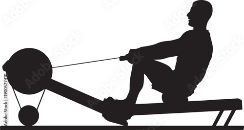 Print Silhouette of a man rowing on a machine, focused effort, indoor workout, fitness