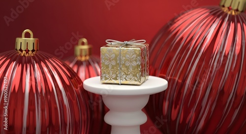 Christmas ornaments and gift on pedestal