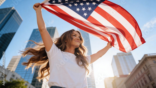 Proud serious young Afro American woman standing on street holding usa flag under blue sky looking at camera. Mixed race lady for democracy, racial equality, fair elections, changes in United States.