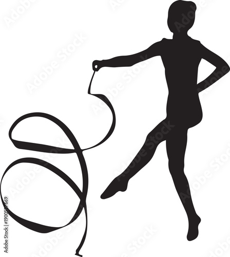 Print Silhouette of a rhythmic gymnast performing with a ribbon on white background
