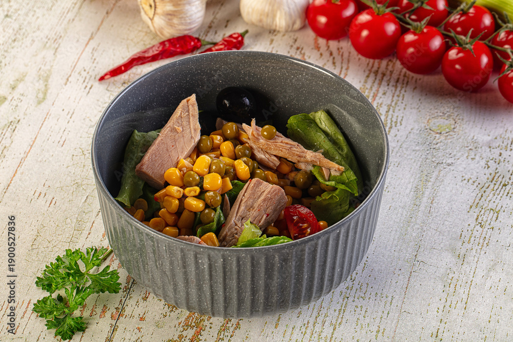 Fototapeta premium Dietary salad with canned tuna and corn