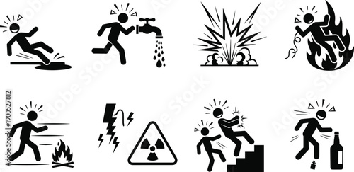 Workplace hazard and safety warning icons set, fire, electric shock, explosion, slip, chemical risk, danger symbols illustration