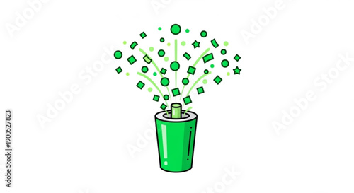 Green potted plant with money symbols and shapes bursting out representing financial growth and prosperity