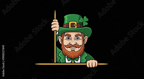 Smiling leprechaun in green coat and hat holding sign on black background for st patrick's day