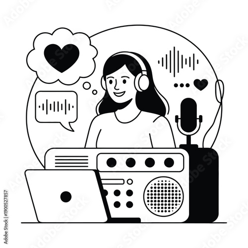 A young woman wearing headphones and sitting at a desk with a microphone and laptop, recording a podcast or voice message with a thought bubble containing a heart