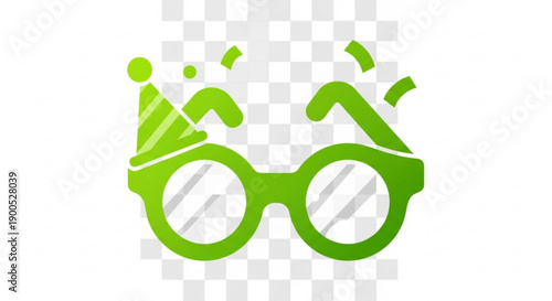 Green eyeglasses with party hat and confetti celebration accessories festive eyewear vibrant graphic illustration transparent background