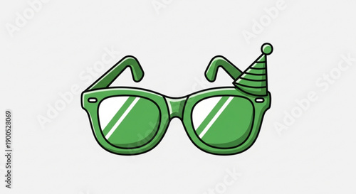Green novelty glasses with party hat decoration on white background festive eyewear for celebrations and events vibrant green frames and lenses