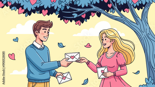 Young couple exchanging love letters under a heart tree in park illustration.