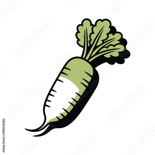 A cartoon illustration of a green and white radish with leafy greens on top