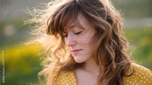 Young white woman with wavy hair in meadow at golden hour, calm reflective mood for wellness and mindfulness themes, springtime nature portrait with soft bokeh