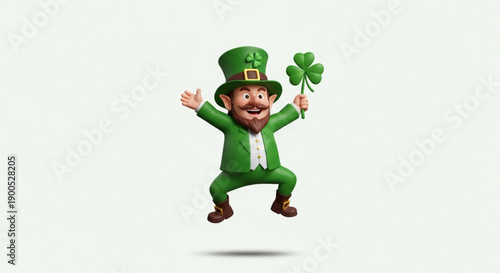 Jubilant leprechaun in green attire jumping with shamrock celebrating st patrick's day joyfully