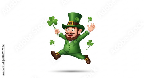 Cheerful leprechaun jumping with shamrocks on st patrick's day wearing green suit and hat