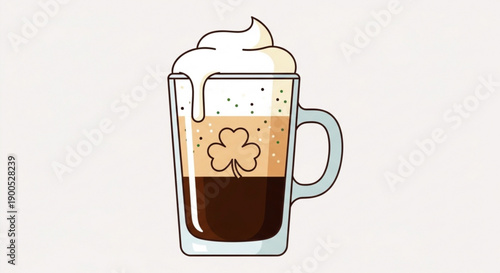 A glass mug filled with layered coffee drink topped with whipped cream and shamrock design on light background