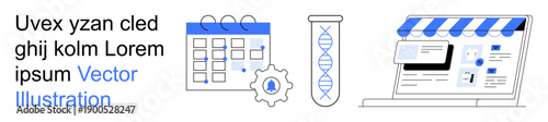 Business management, e-commerce, scheduling, scientific research, technology, and innovation. Calendar, test tube and digital storefront graphic elements. E-commerce and scheduling concept