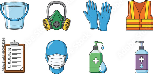 Workplace safety and hygiene equipment icons set with PPE gear, respirator mask, gloves, sanitizer, checklist, vest illustration collection