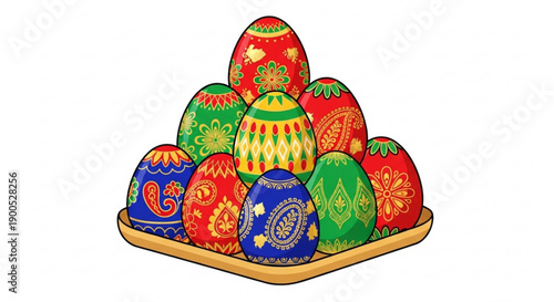Colorful easter eggs on a wooden tray decorated with traditional ukrainian pysanky designs festive holiday pattern