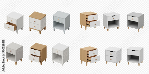 Set of modern wooden and white bedside tables with drawers and open shelves, isolated on transparent background.