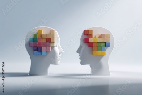 Brain Puzzle:  Intriguing image showing two head sculptures facing each other. Each head is filled with colorful interlocking blocks, symbolizing intellect, problem-solving, and cognitive ability. 